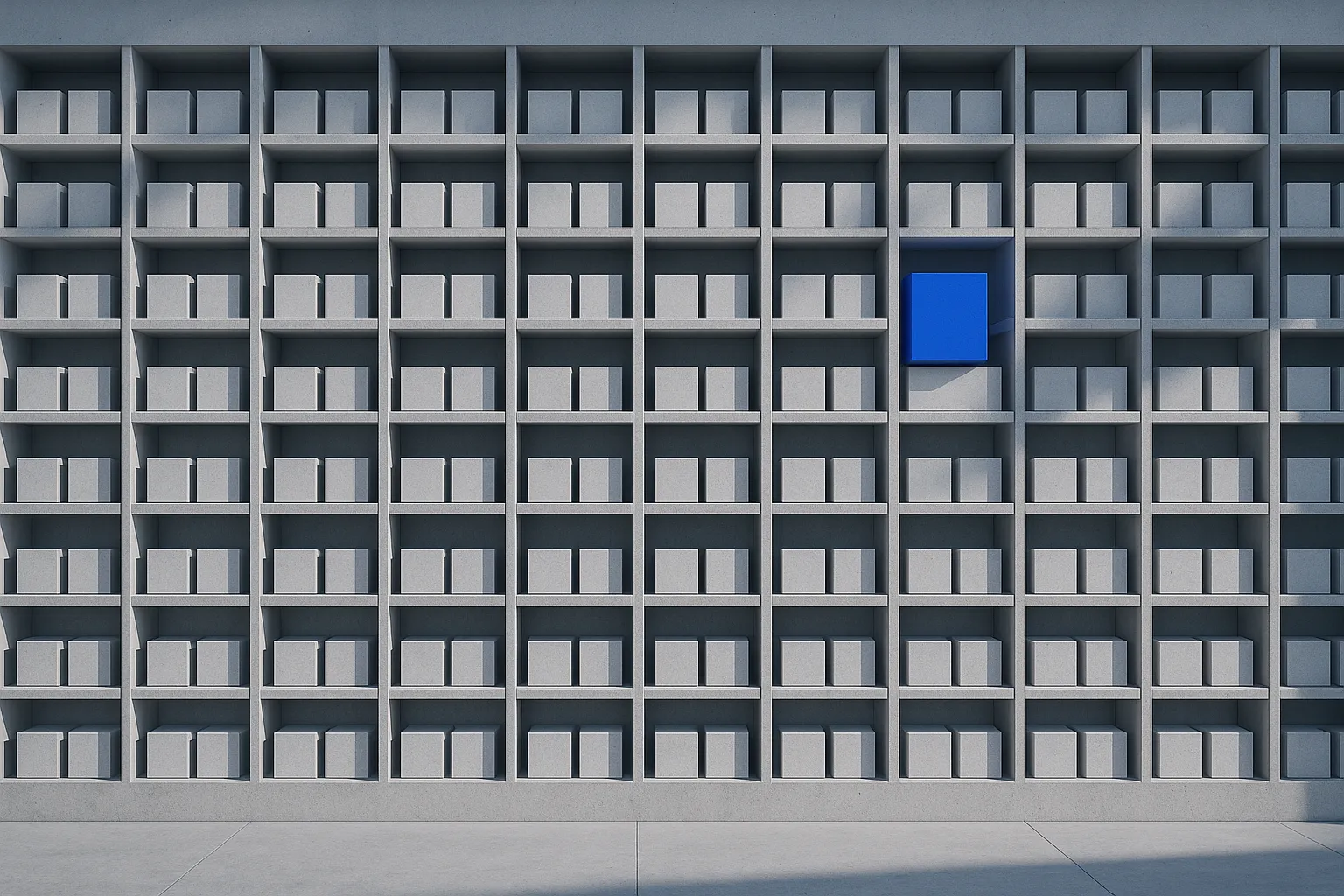 Deep grid of pale concrete shelving filled with identical white boxes, one cobalt box pulled forward