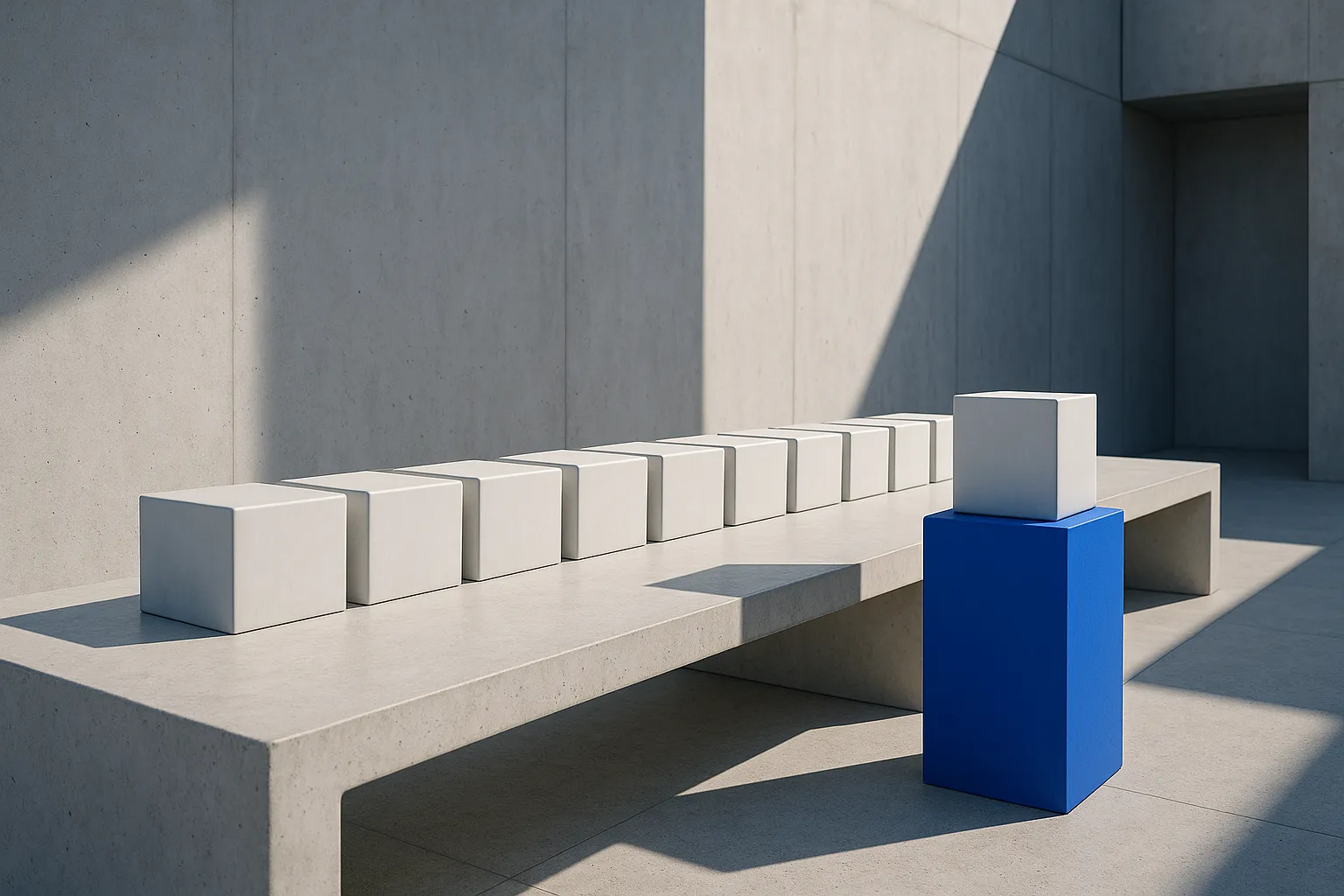 Row of identical pale parcels on a concrete bench with one lifted out onto a cobalt plinth