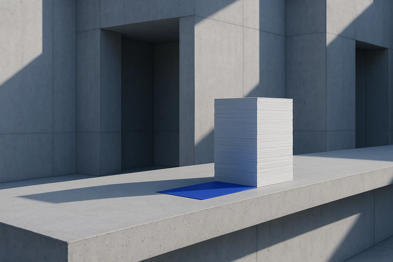 Wall of pale concrete pigeonholes holding squared stacks of paper, one compartment lined in cobalt