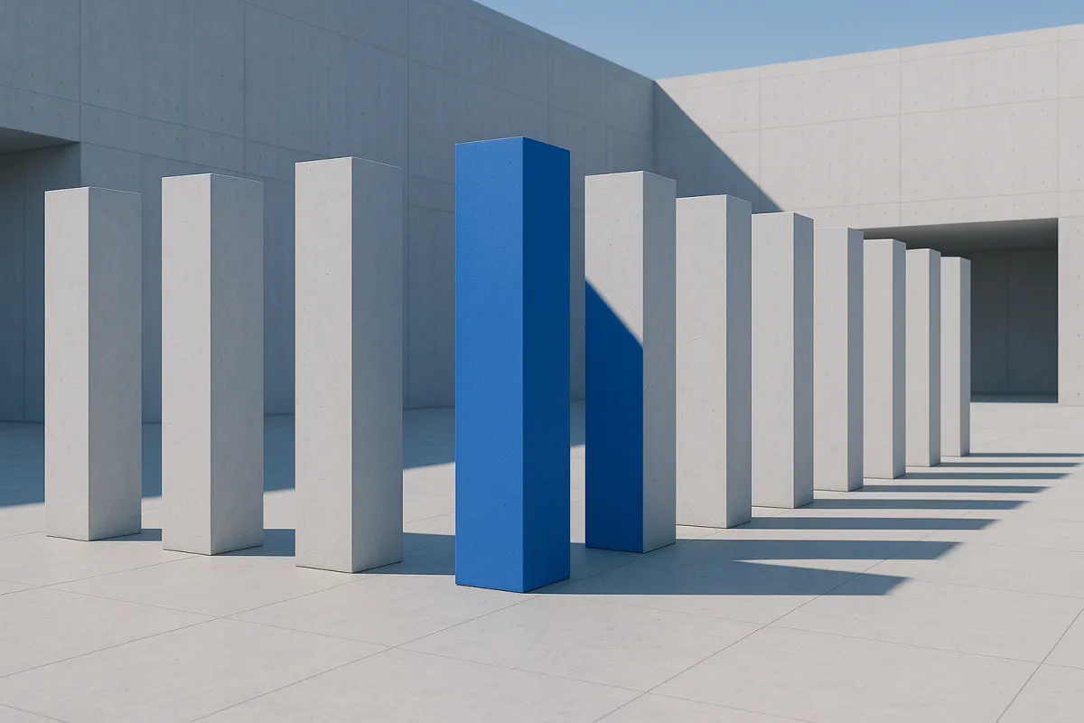 A line of identical pale concrete monoliths on an open plaza, one of them cobalt and lit by a single shaft of sunlight