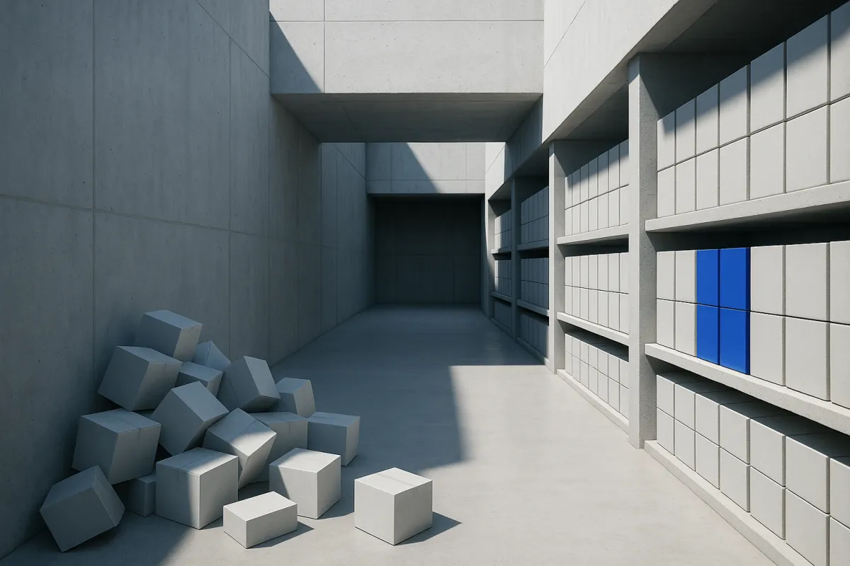 Pale concrete warehouse aisle: a tipped-over heap of plain cartons on one side, the same cartons squared away on the racking opposite, one of them cobalt