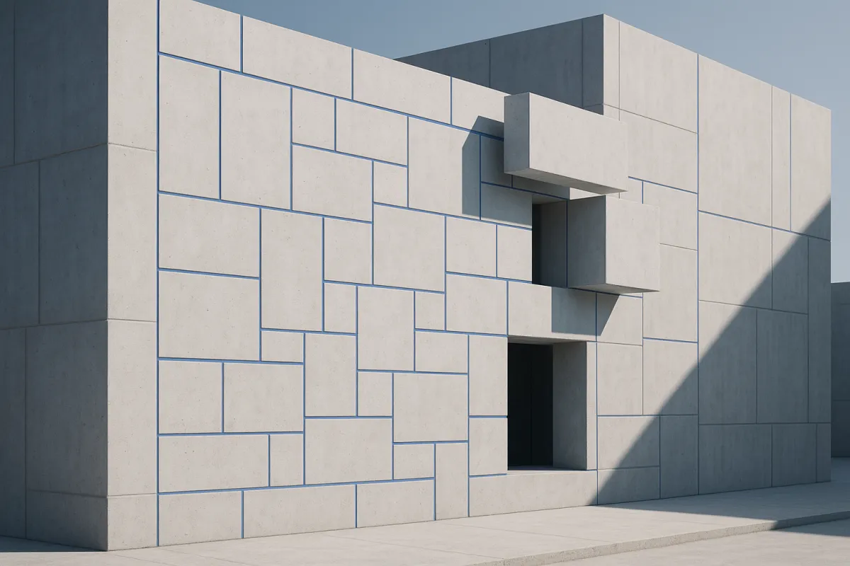 Pale concrete facade assembled from precast blocks of different sizes fitted together, every joint between them a cobalt seam