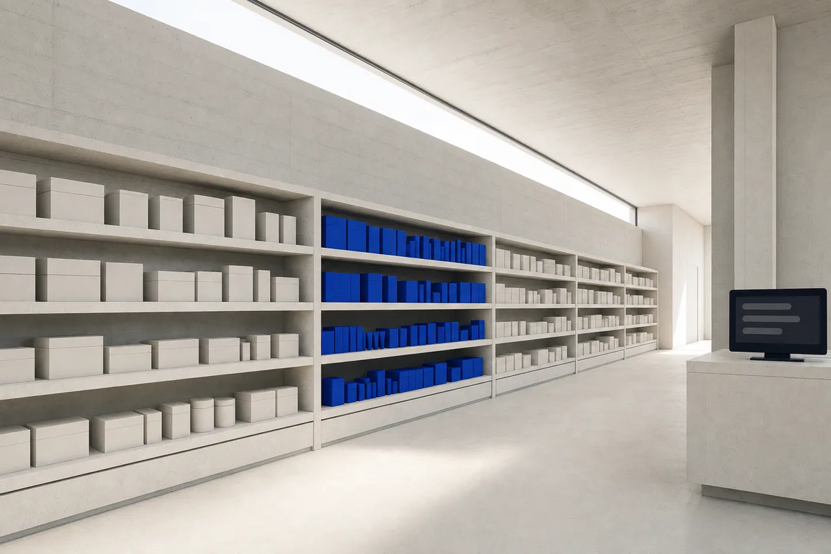 Calm retail interior in pale concrete, shelving runs of plain cartons with one run stocked in cobalt