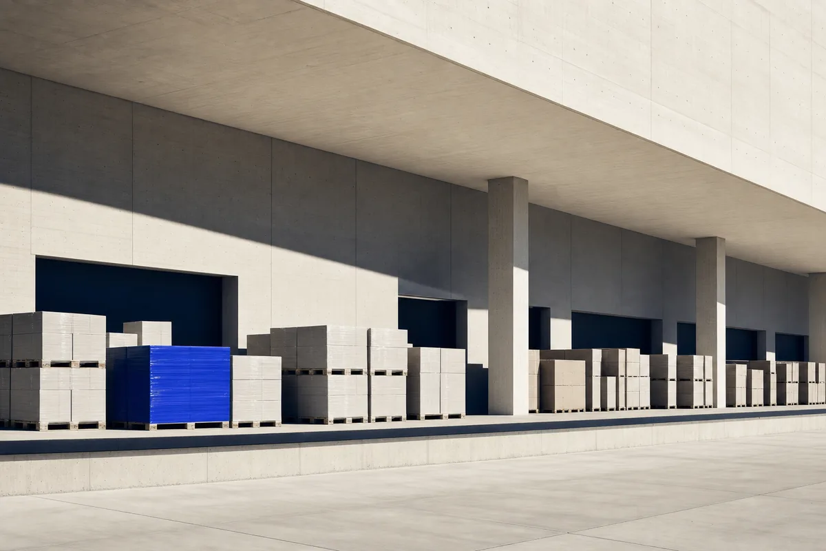 Wholesale goods-in yard under a concrete canopy, rows of wrapped pallets with one wrapped in cobalt